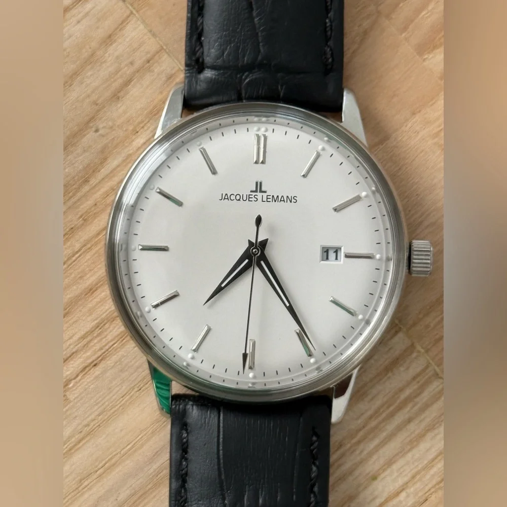 Jacques Lemans New Luxury Men’s Watch Large White Dial Stainless Case Leather